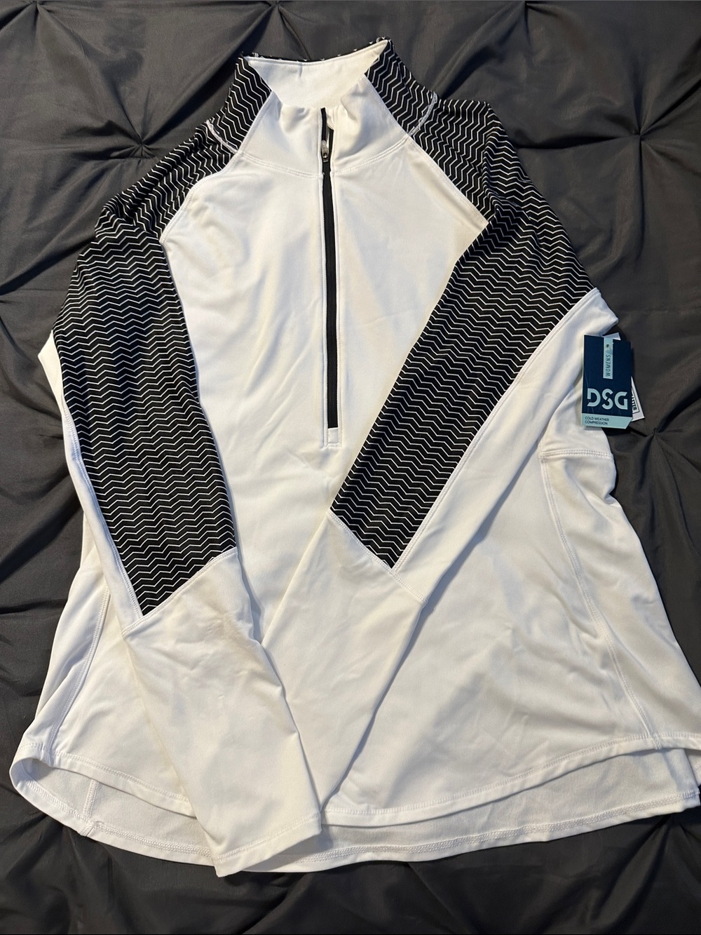 DSG White Pullover with Black Zigzag Sleeve Panels